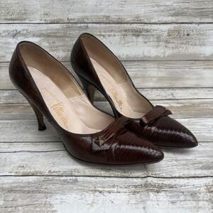 VTG Paradise Kitten-ettes Pumps 6 Brown Lizard Embossed Point Toe 50s 60s Retro